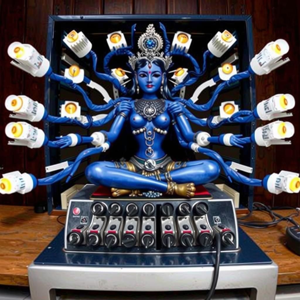 Blue Hindu Goddess Kali as Telephone Operator