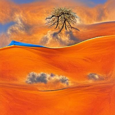 Lone Tree in Orange Desert Under Blue Sky