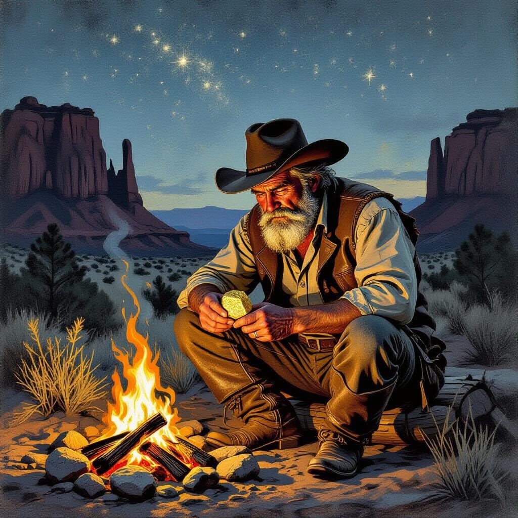 Prospector Examining Gold Nugget by Campfire in Charcoal Sty...