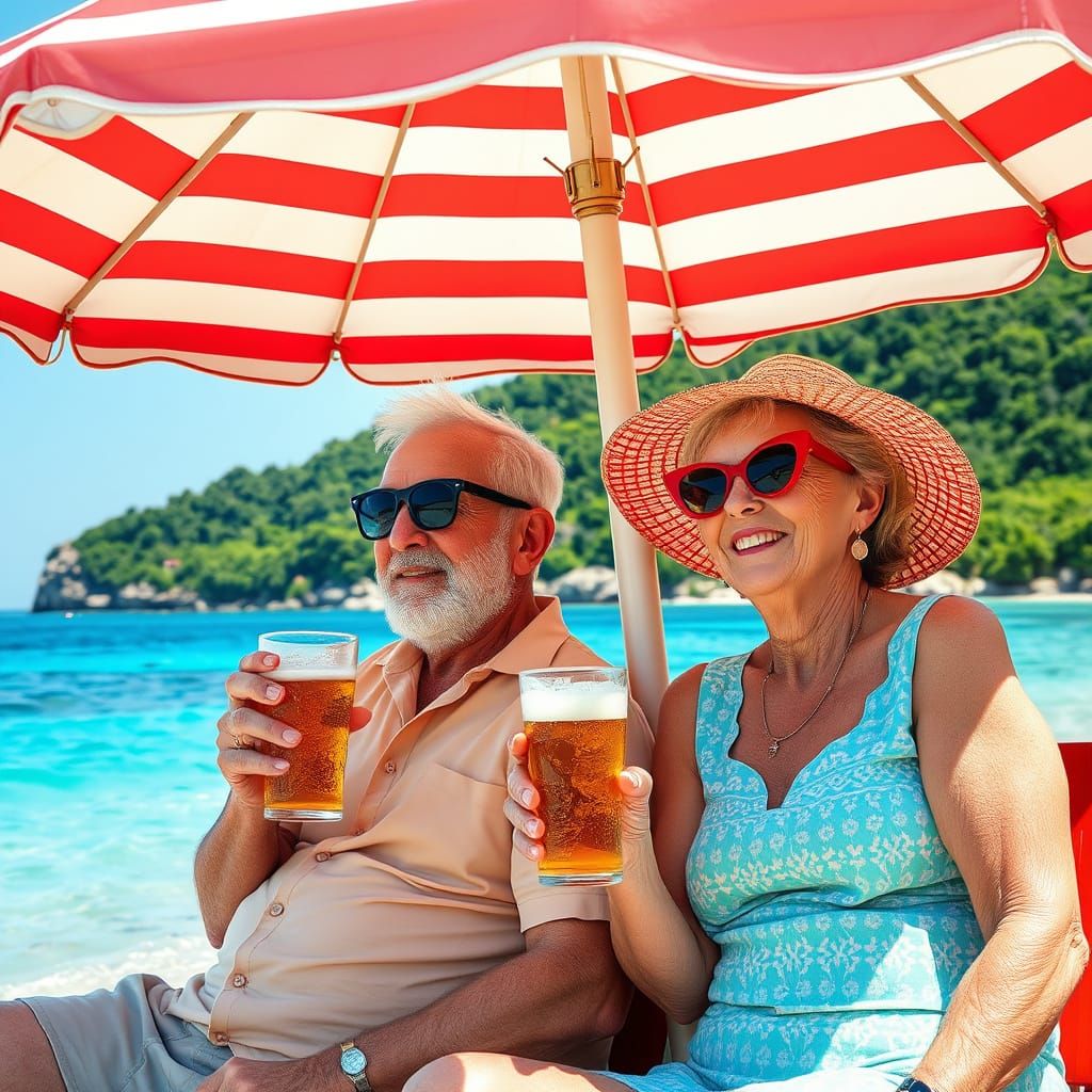 Couple Relaxing Under Seaside Parasol in Impressionist Style