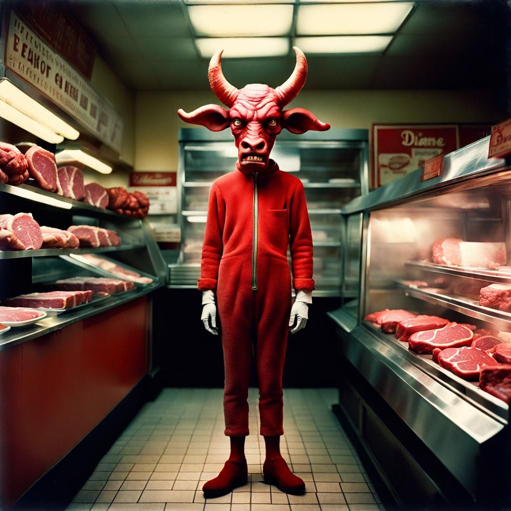 Vintage Photo: Demon Costume at Butcher Shop