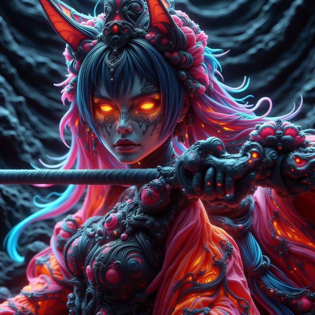 Cyberpunk Geisha Warrior with Neon Tattoos