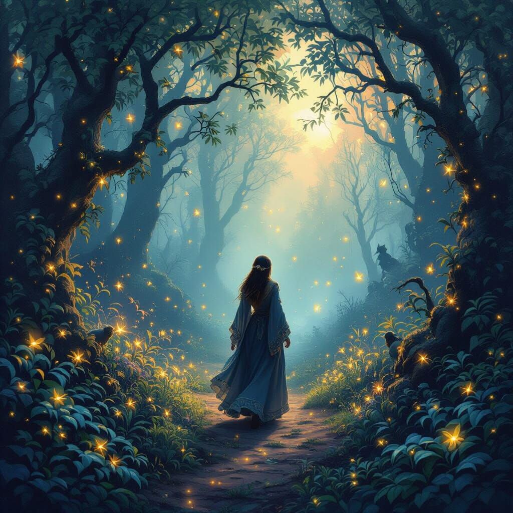 Enchanted Forest with Fireflies and Magical Lights