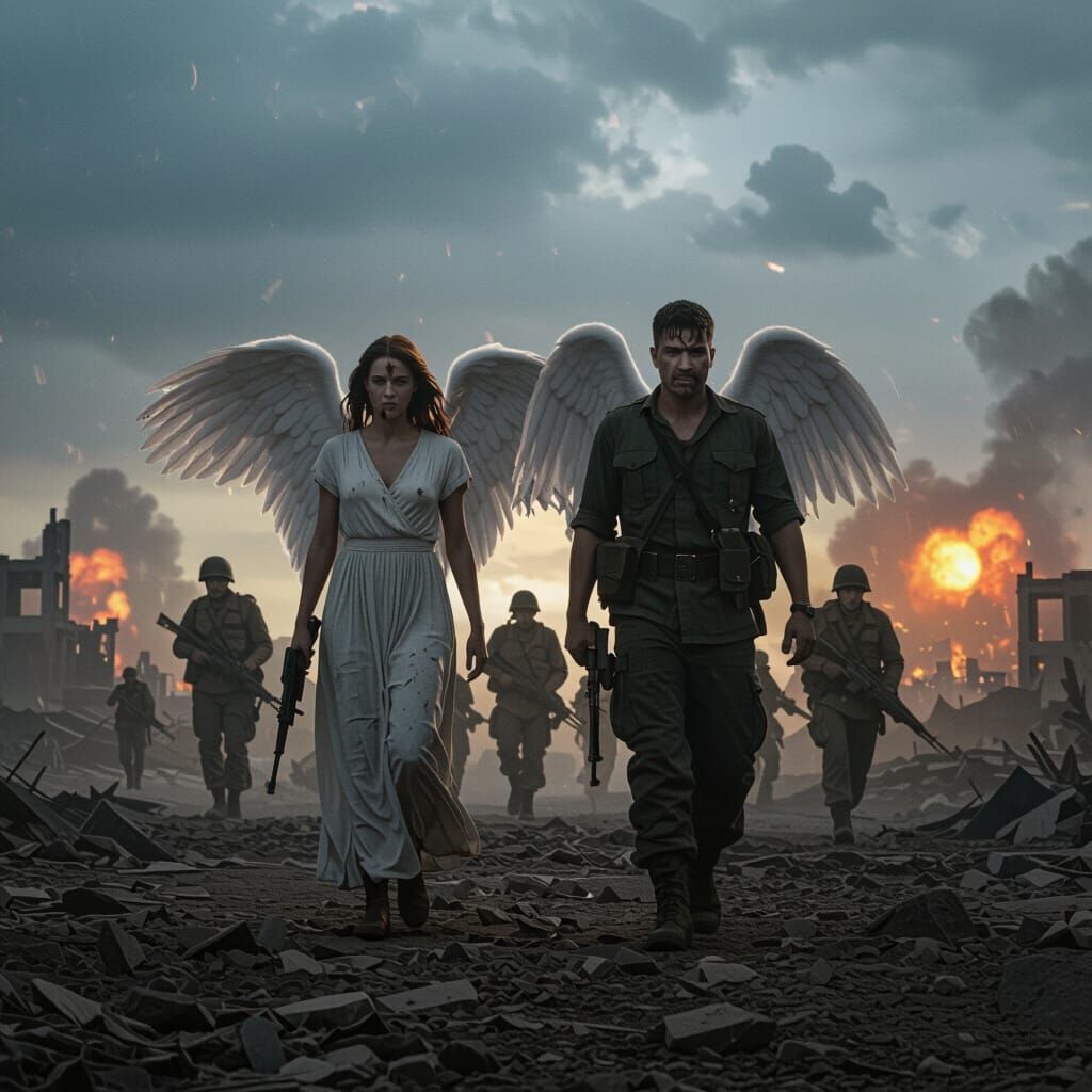 Angels and Soldiers in War-Torn Landscape