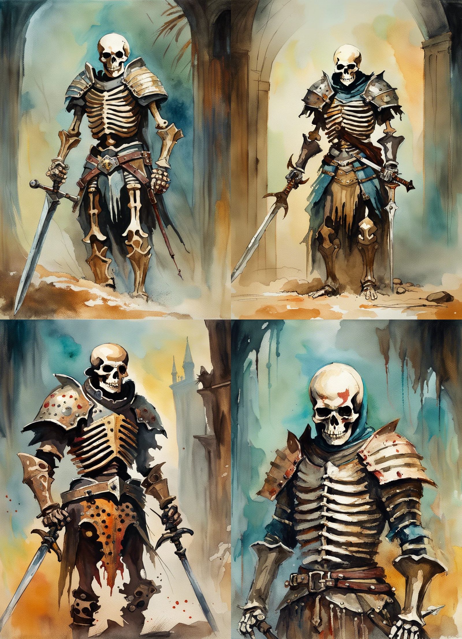 Skeleton Warrior in Full Armor, Impressionist Watercolor