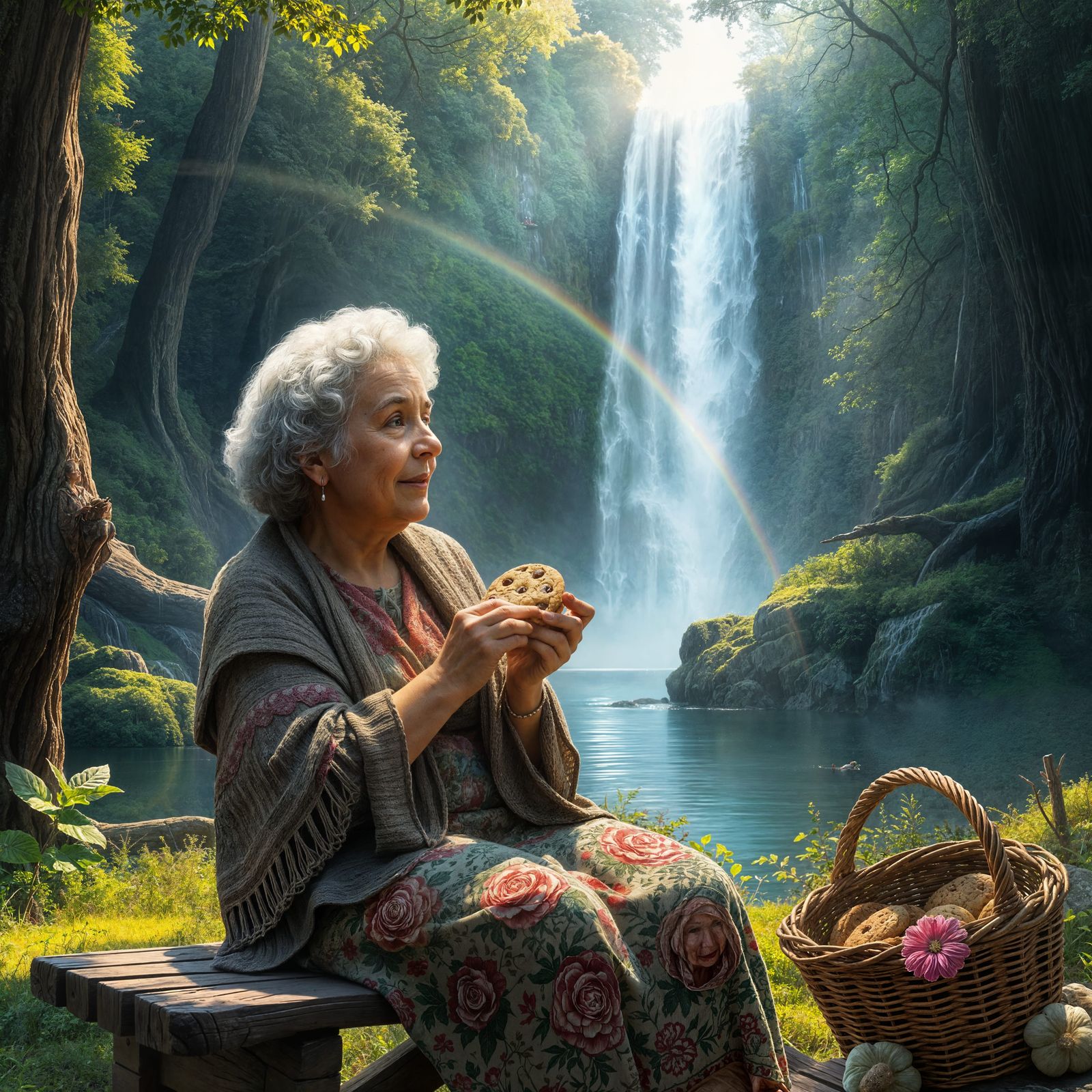 Warm Grandmother Sits Beside a Whimsical Waterfall in a Vibr...