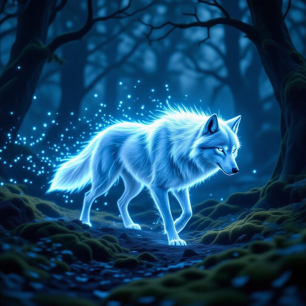 Ethereal Light Wolf in Mystical Forest