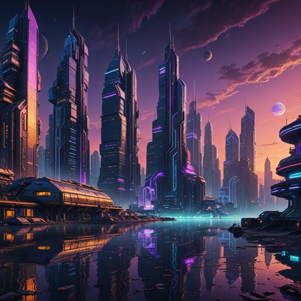 Futuristic Seaside City Under Golden Hour