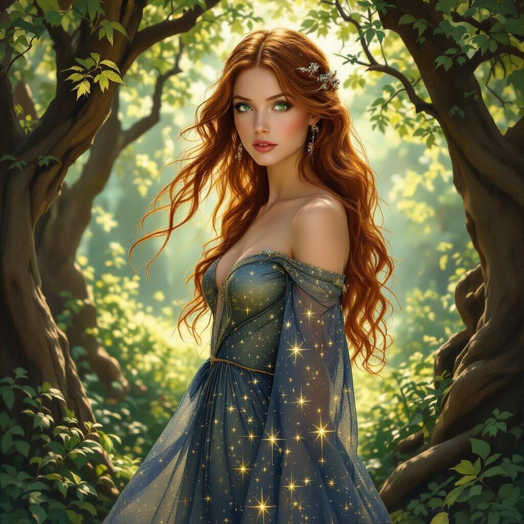 Starlight Gown in a Sunlit Grove: A Pre-Raphaelite Vision