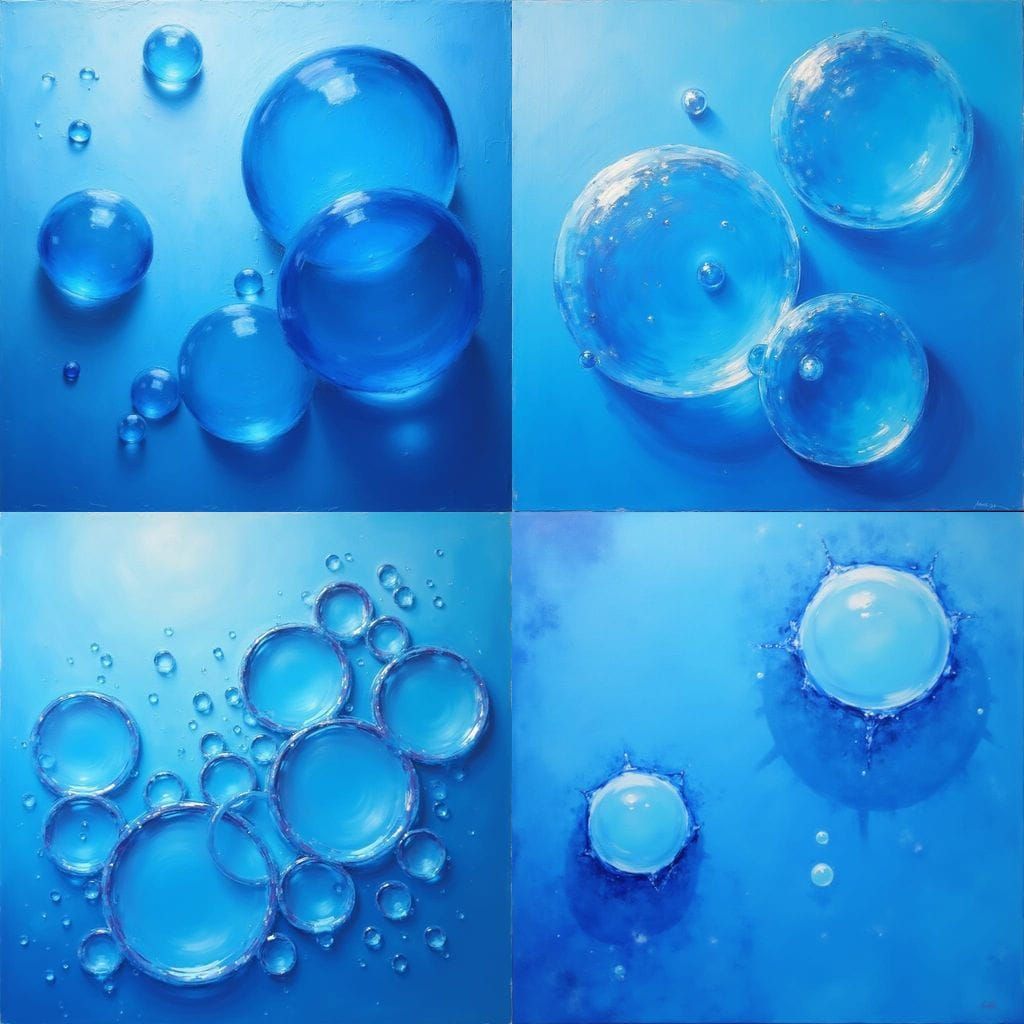 Whimsical Oil Painting of Blue Bubbles with Deep Shadows