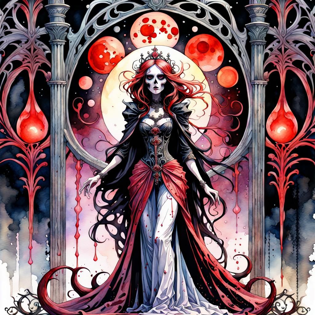 Blood Moon Gothic Princess in Art Nouveau Watercolor