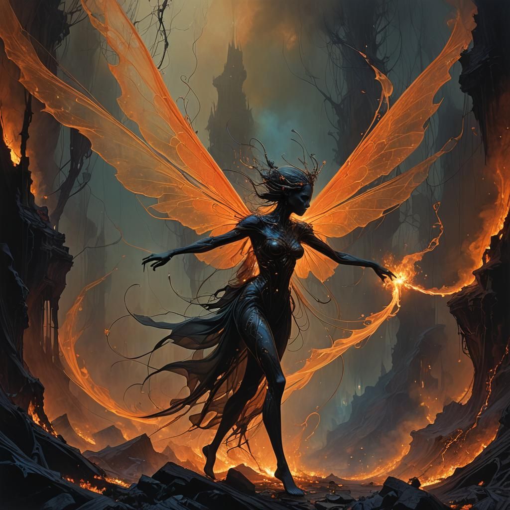 Ethereal Smoke Fairy Emerges from Fiery Blaze