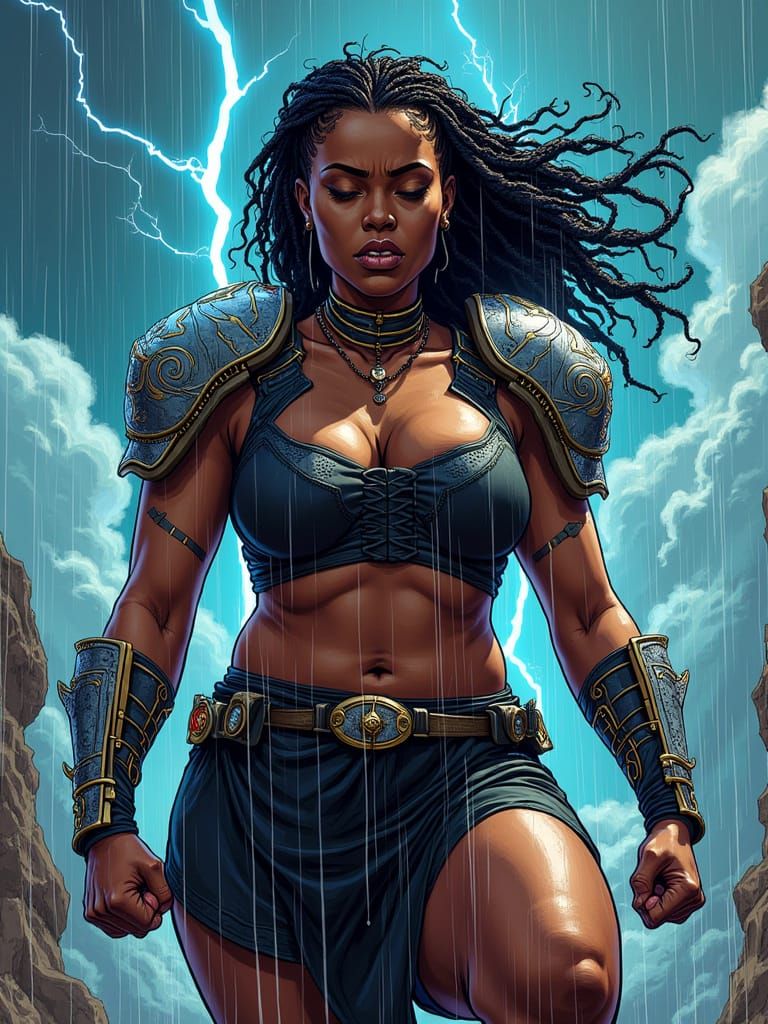 Angry Afrofuturist Warrior Stands Tall in Futuristic Storm