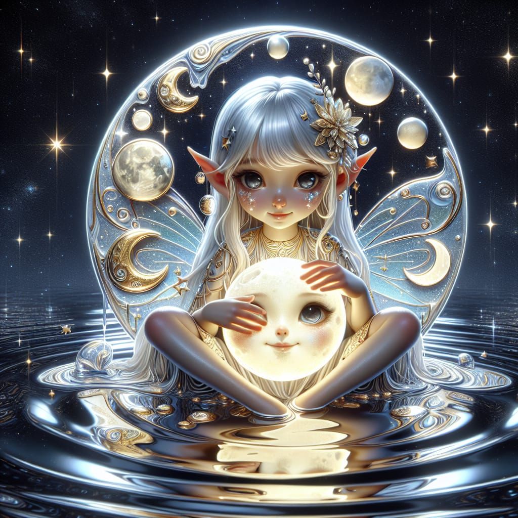 Luminescent Girl with Moon in Fantastical Illustration Style