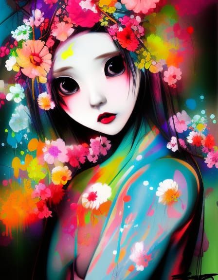 Japanese Girl with Flowers in Graffiti Art