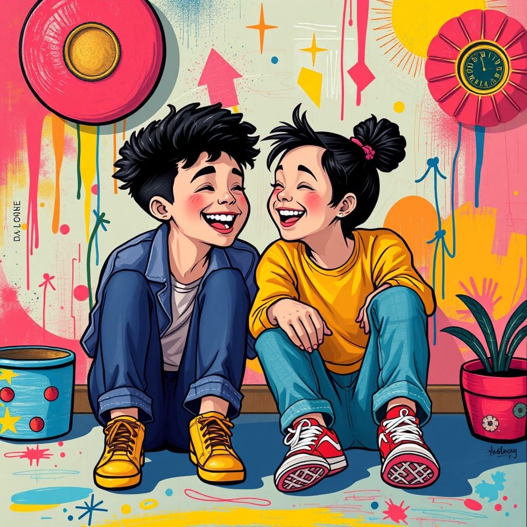Friends Laughing in Colorful Whimsical Scene