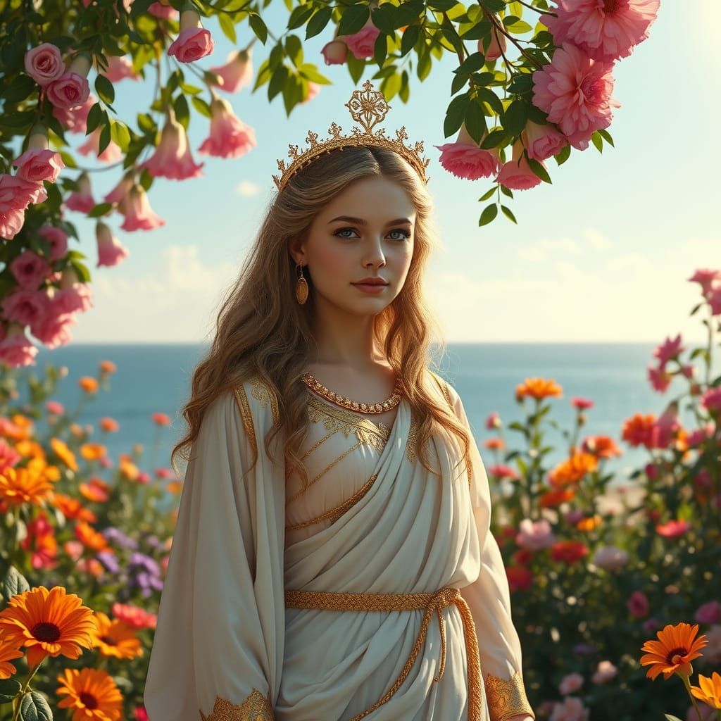 Goddess of Abundance in Hyperrealistic Garden Scene