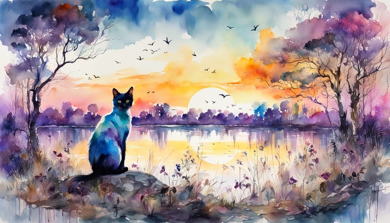 Watercolor Landscape with Siamese Cat at Sunset