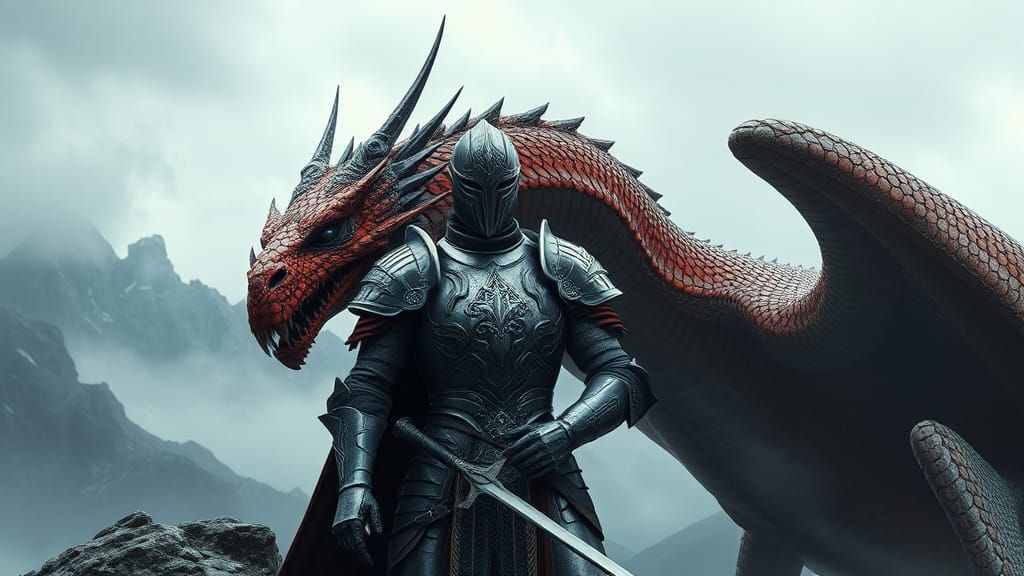 Armored Knight and Dragon in Fantasy Art Style