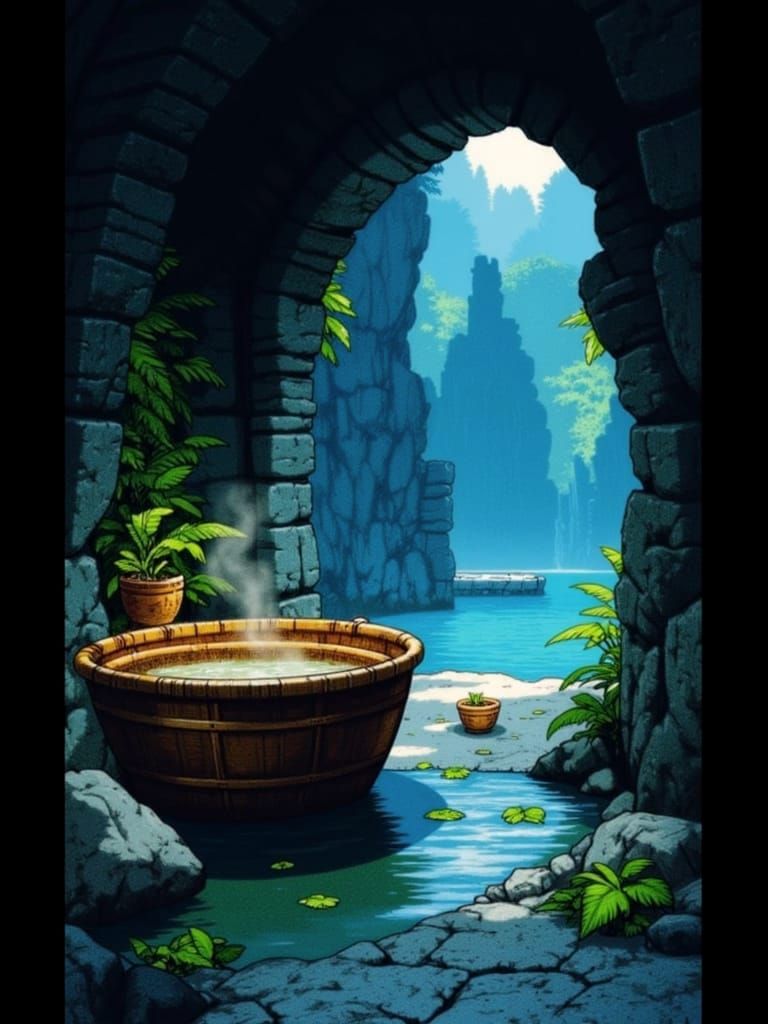 Ethereal Cave Bath Scene in Moody Blues