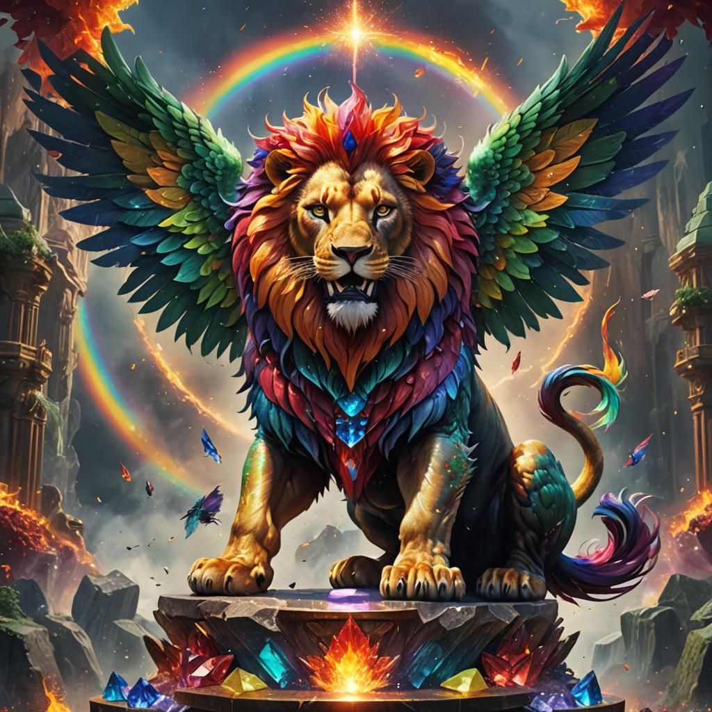 Rainbow Lion with Wings on Crystal Platform