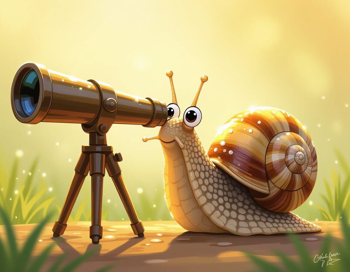 Cartoon Snail Gazing Through Telescope in Watercolor Style