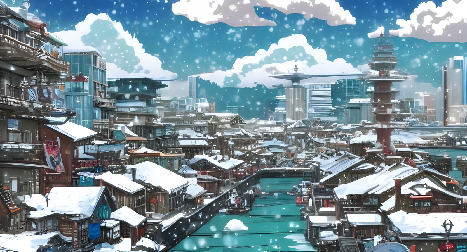 Anime Winter Seaport in Studio Ghibli Style