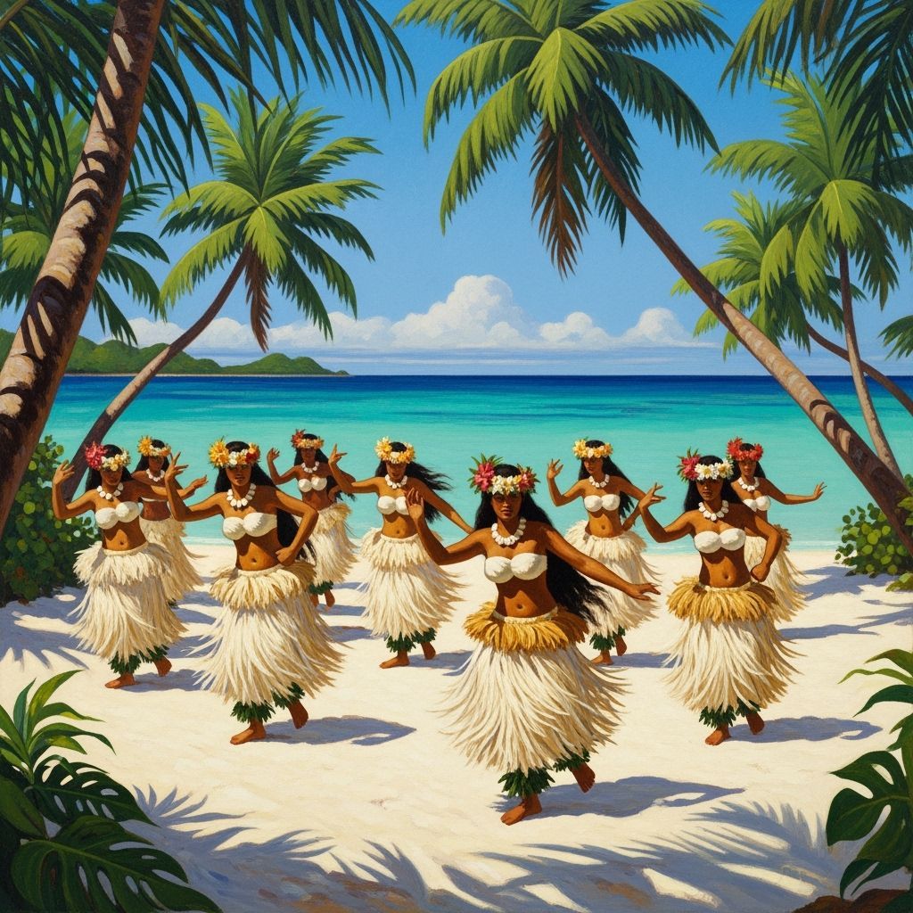 Tahitian Dancers Performing Ori Tahiti on White Sand Beach