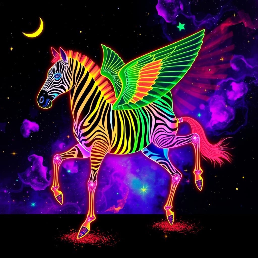 Electric Neon Rainbow Zebra Pegasus in Gothic Art Style