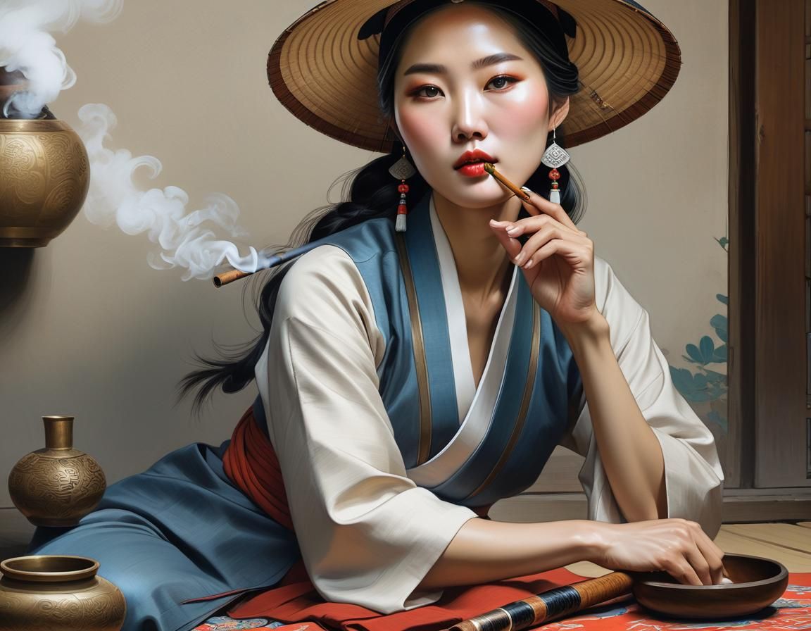 Korean Woman Smoking Pipe: Photorealistic Oil Painting