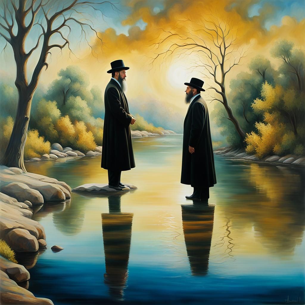 Surrealist Rabbi Reciting Tashlich Prayer by River