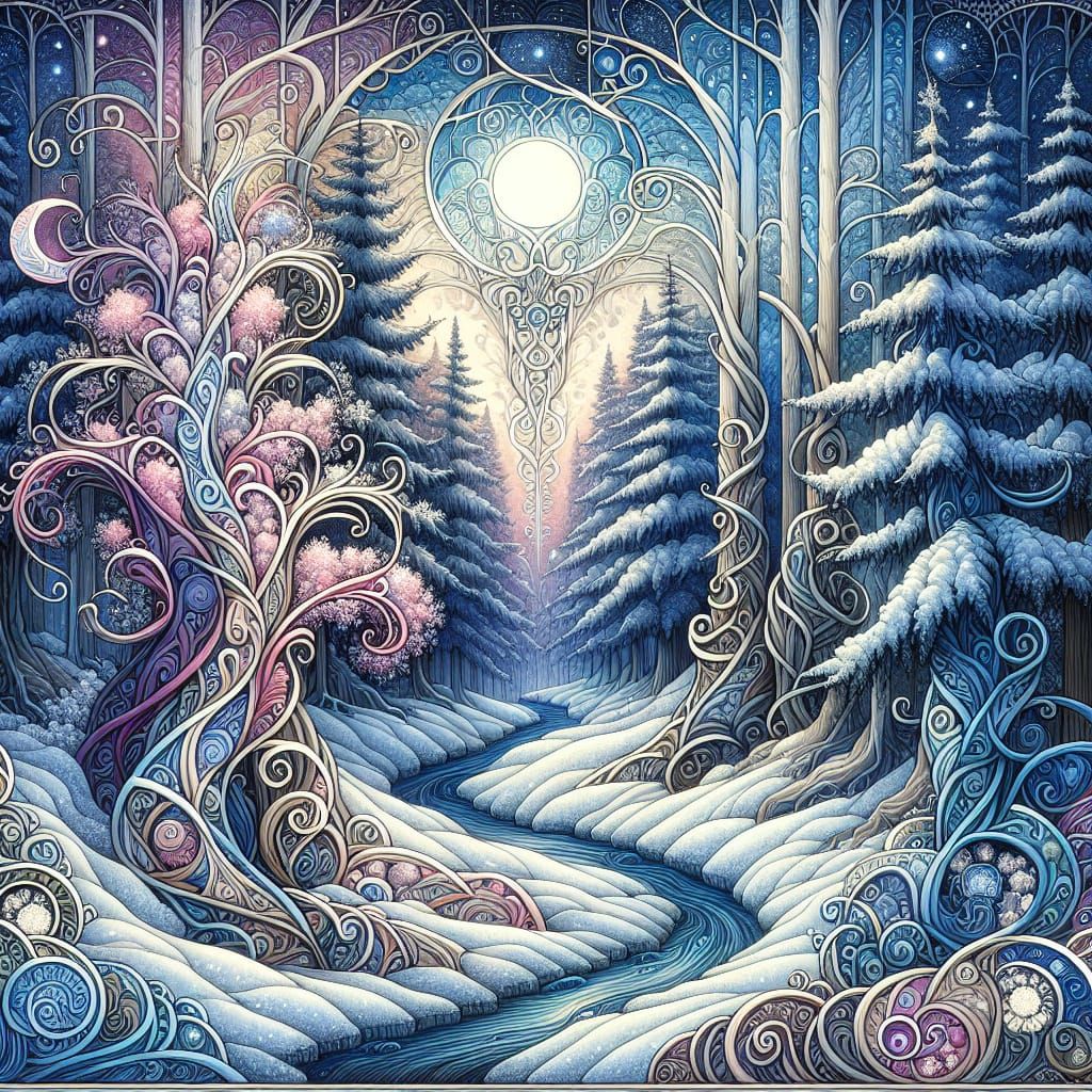 Enchanted Winter Wonderland in Art Nouveau Style