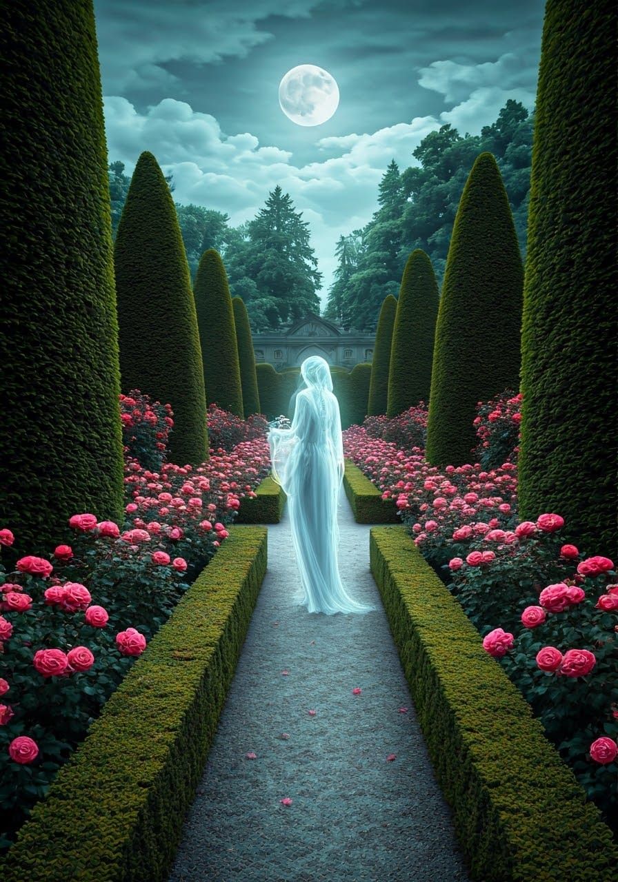Ethereal Palace Garden at Dusk, Under the Full Moon