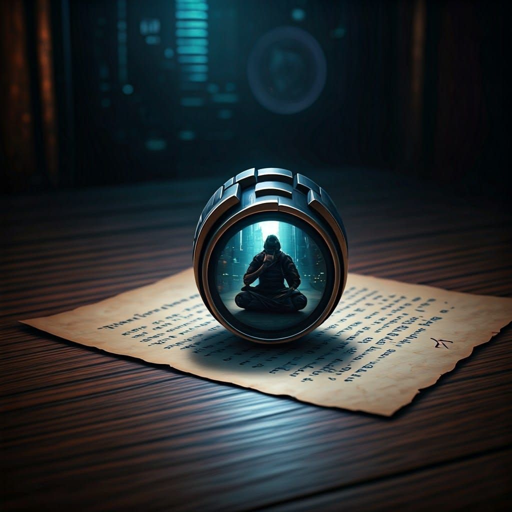 Ancient Runes and Samurai Reflection in Cyberpunk Style