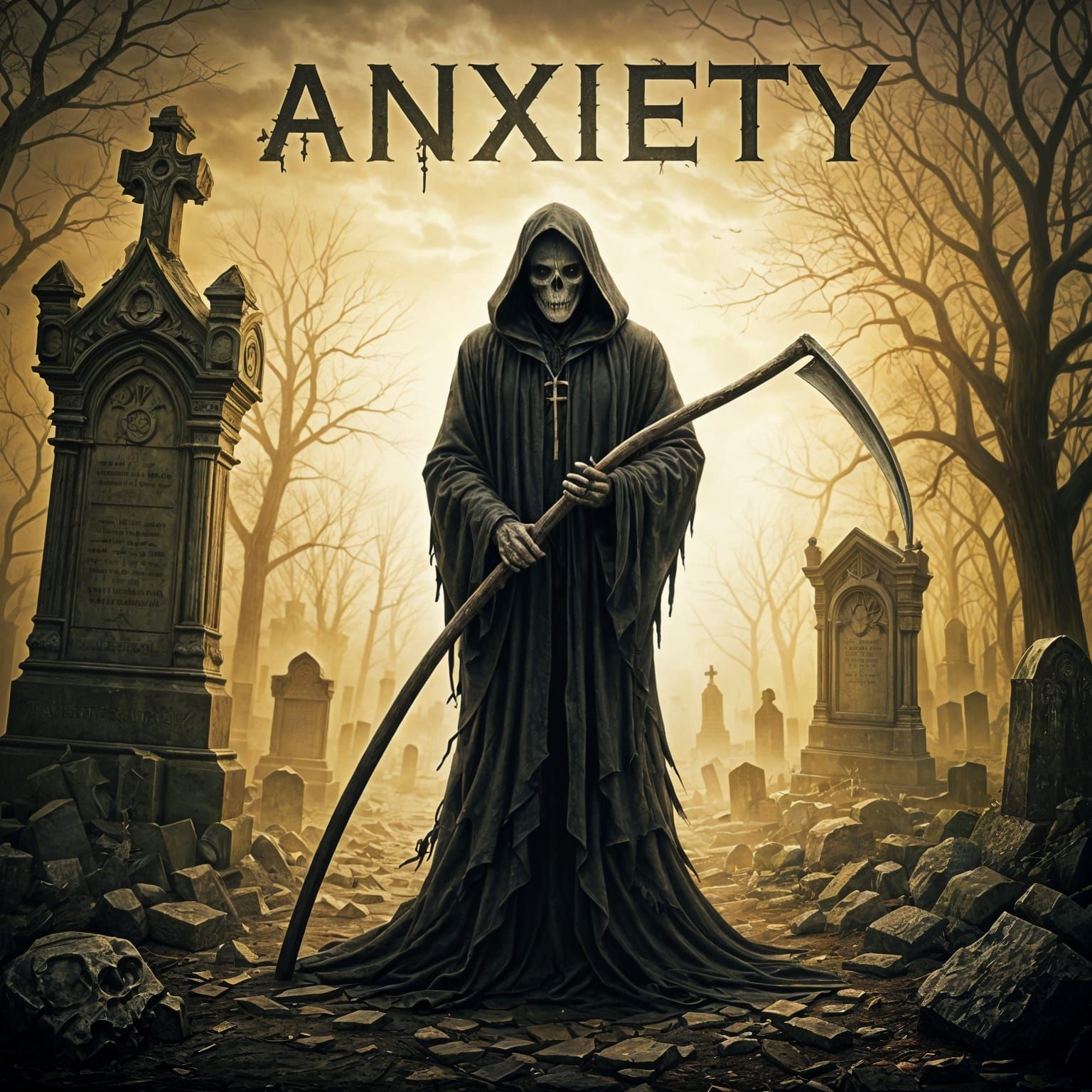 Grim Reaper in Cemetery: Anxiety in Ethereal Style