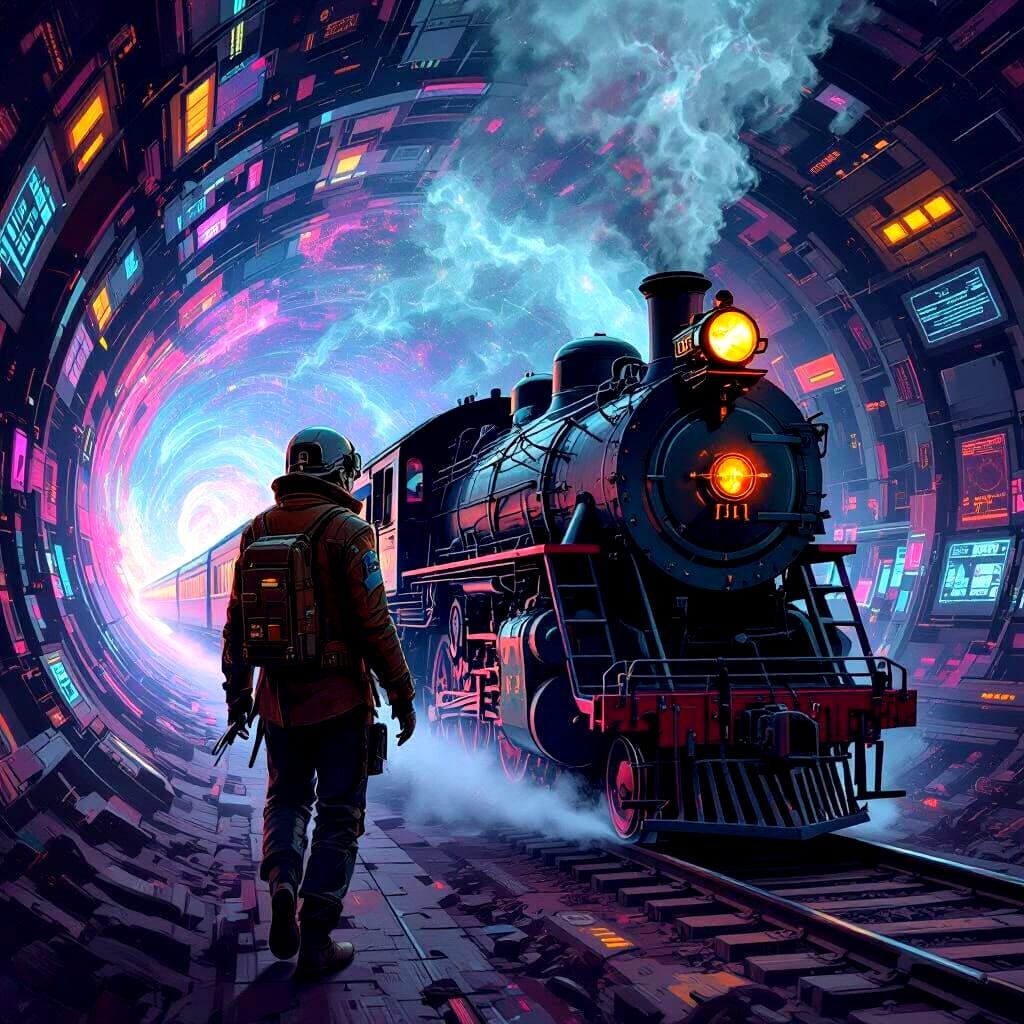 Skeleton Pilot Navigates Cosmic Train Through Nebula