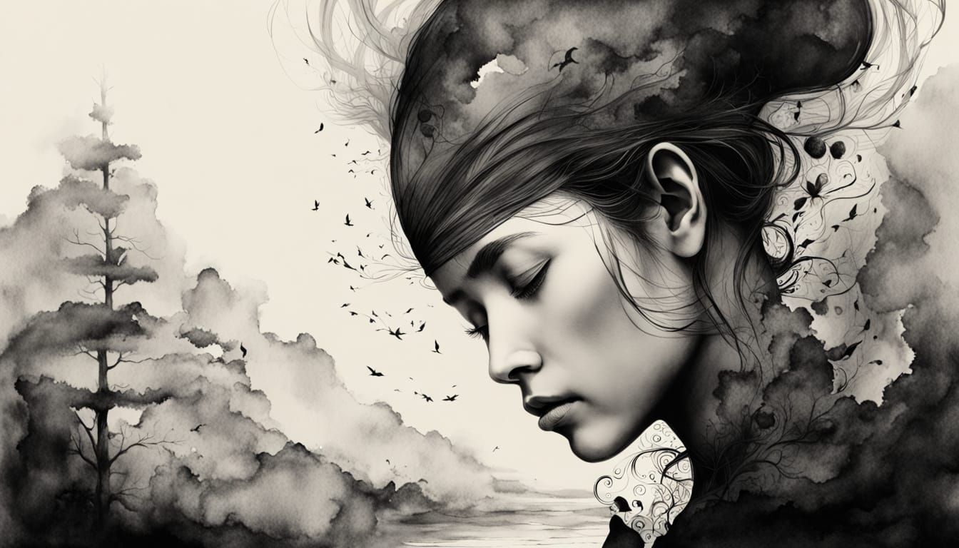 Ethereal Being Contemplates Existence in Japanese Ink Style