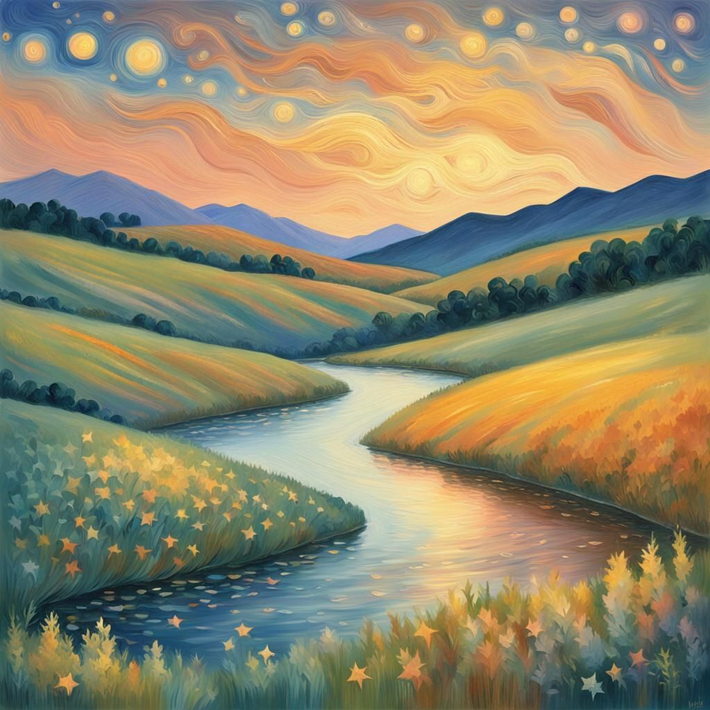 Cosmic Sunset Over Hills in Impressionist Style