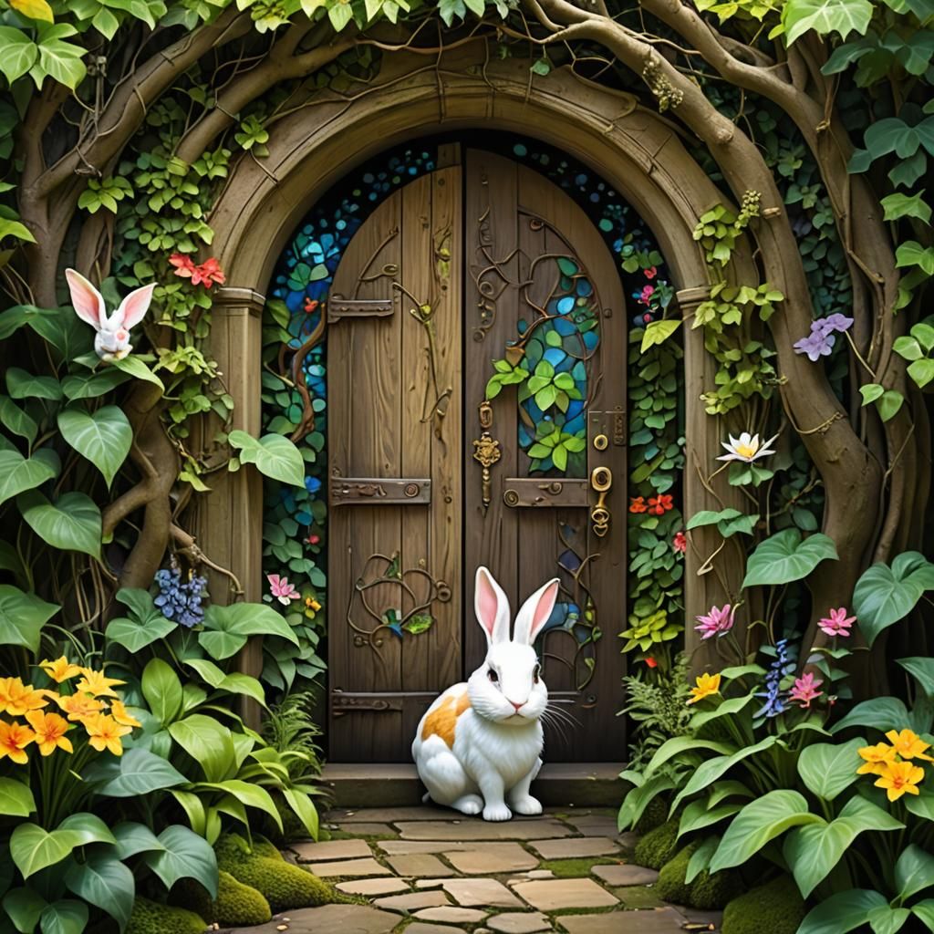 a secret garden hidden behind a large ancient door. The garden is in an old greenhouse filled with rare plants and exoti...