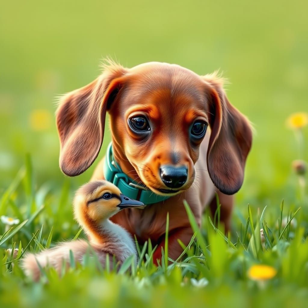 Vibrant Red Dachshund Plays with Baby Duck in a Lush Meadow