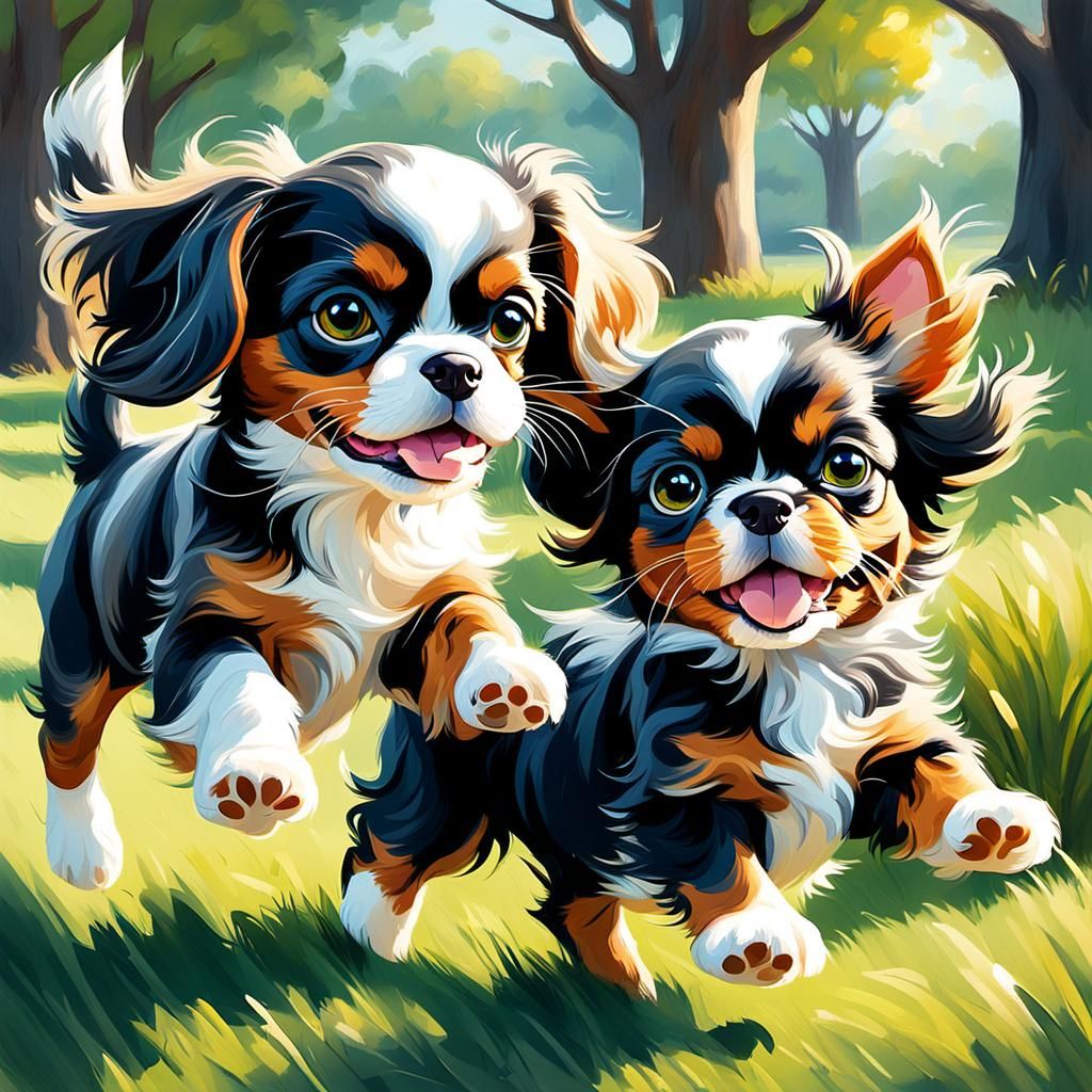 Puppy and Kitten Play in Vibrant Oil Painting Style