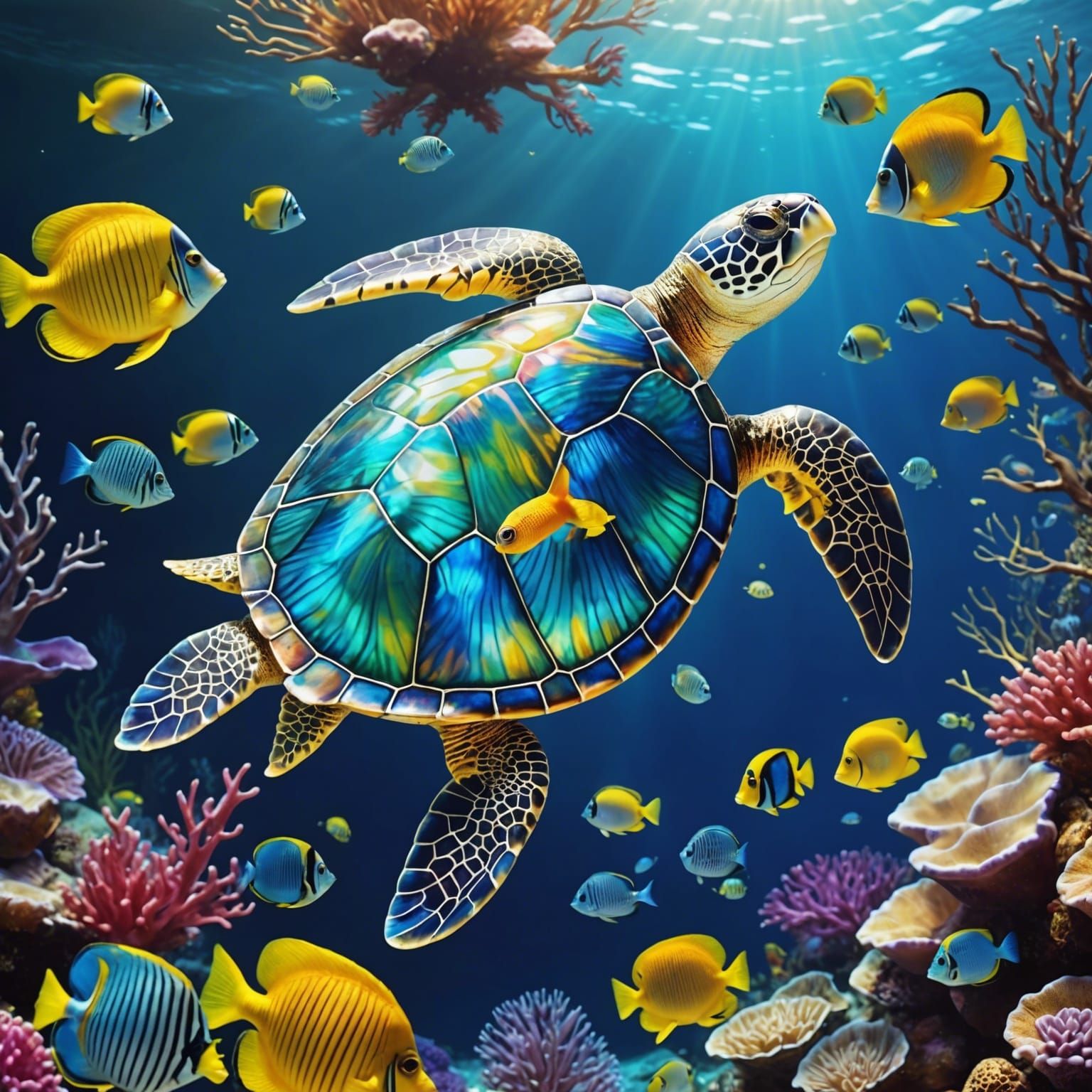 Iridescent Glass Sea Turtle with Angel Fish