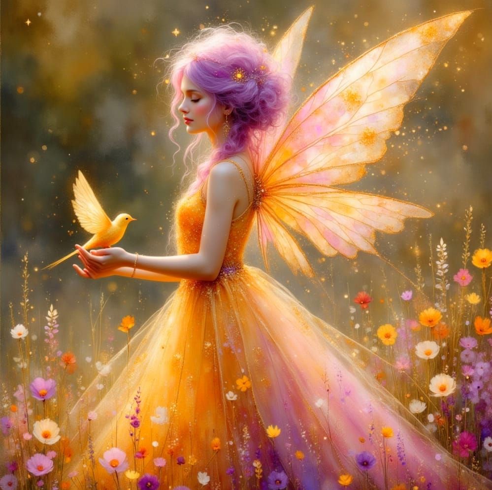 Ethereal Fairy with Bird in Lush Meadow