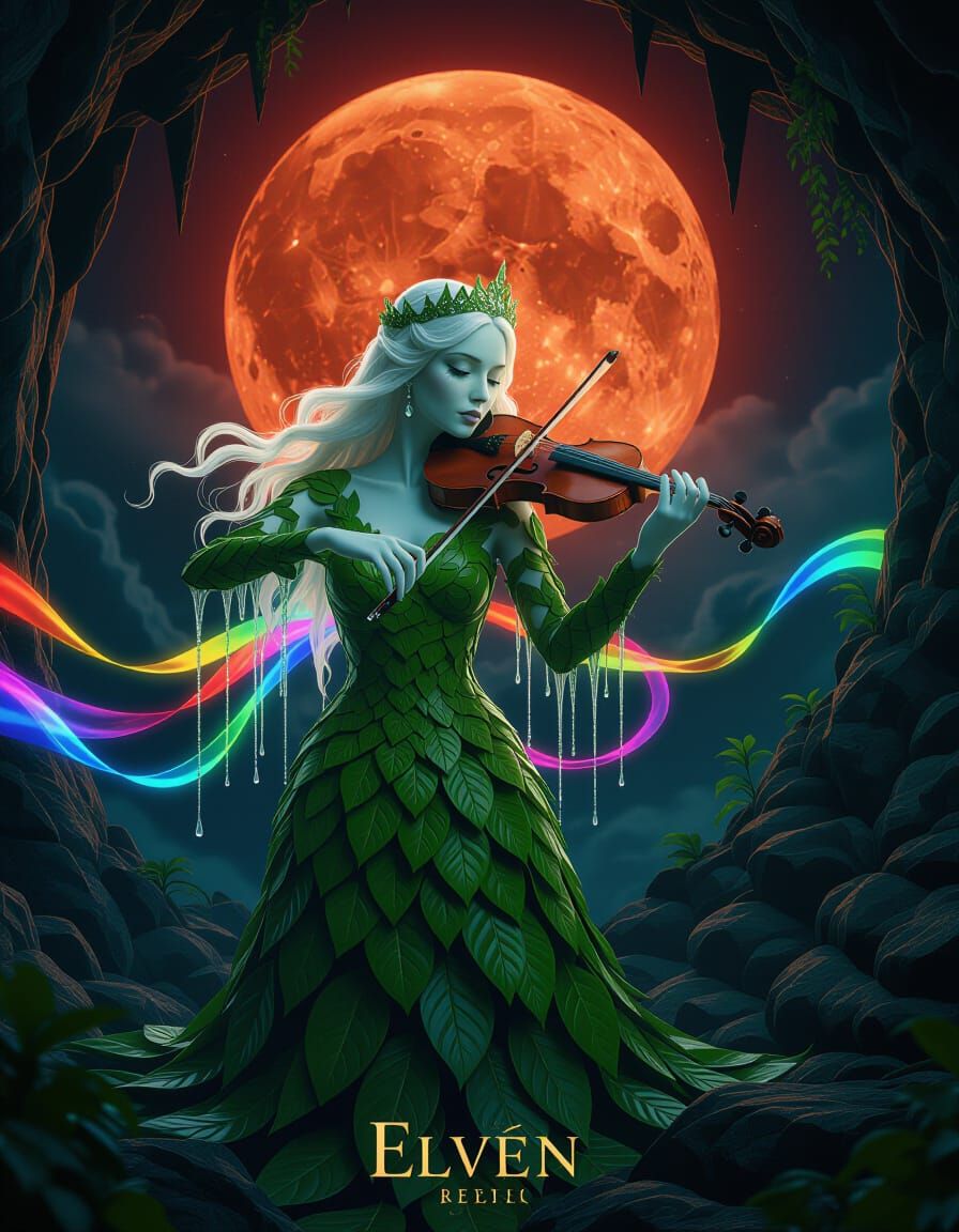 Ethereal Leaf Princess Violinist Under Blood Moon