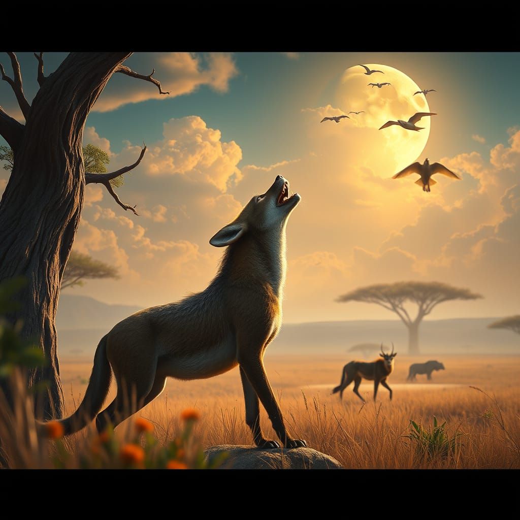 Jackal Howling at Sky in Detailed Fantasy Savannah Art