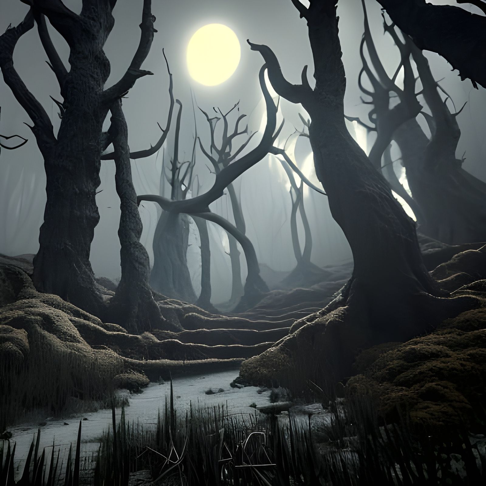 Ominous Moonlit Horror Landscape of a Haunted Forest
