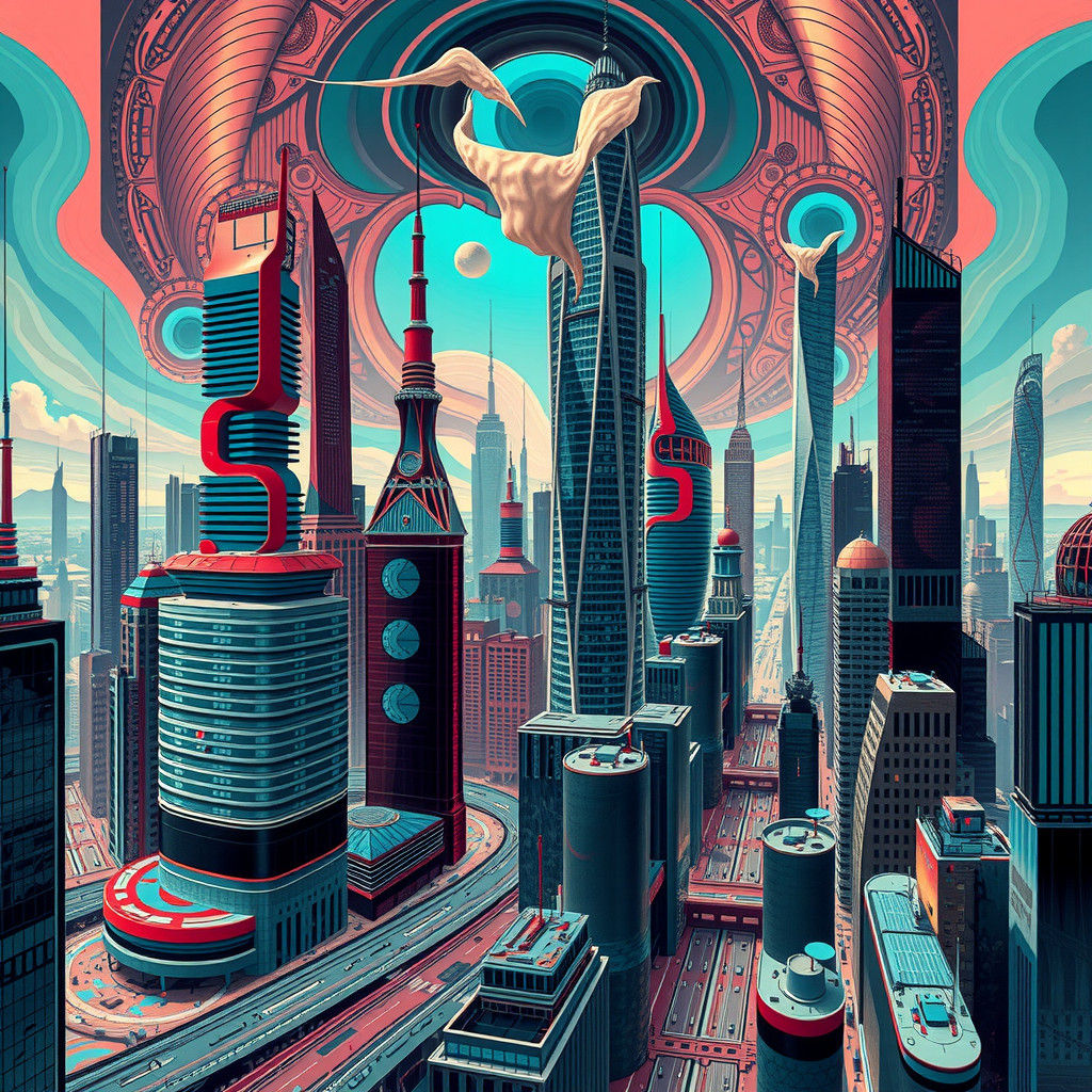 Surreal Cityscape: Melting Buildings in Avant-Garde Style