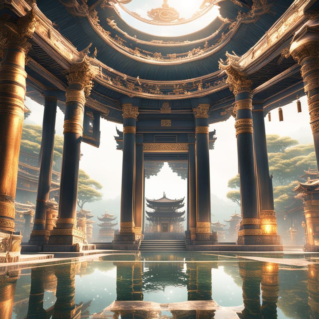 Reflecting Pool at Shrine: Dramatic Digital Painting
