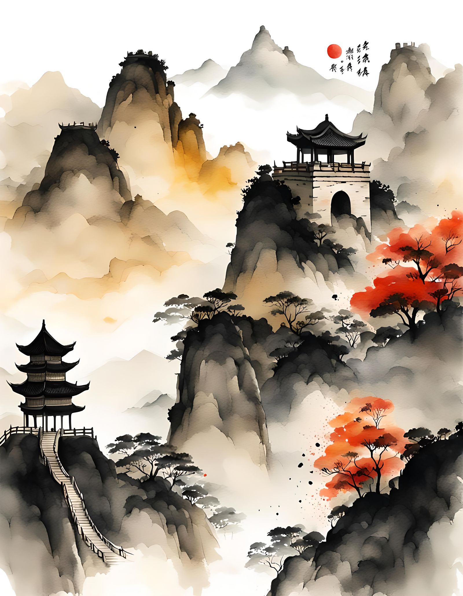 Elegant Chinese Watercolor Landscape with Great Wall
