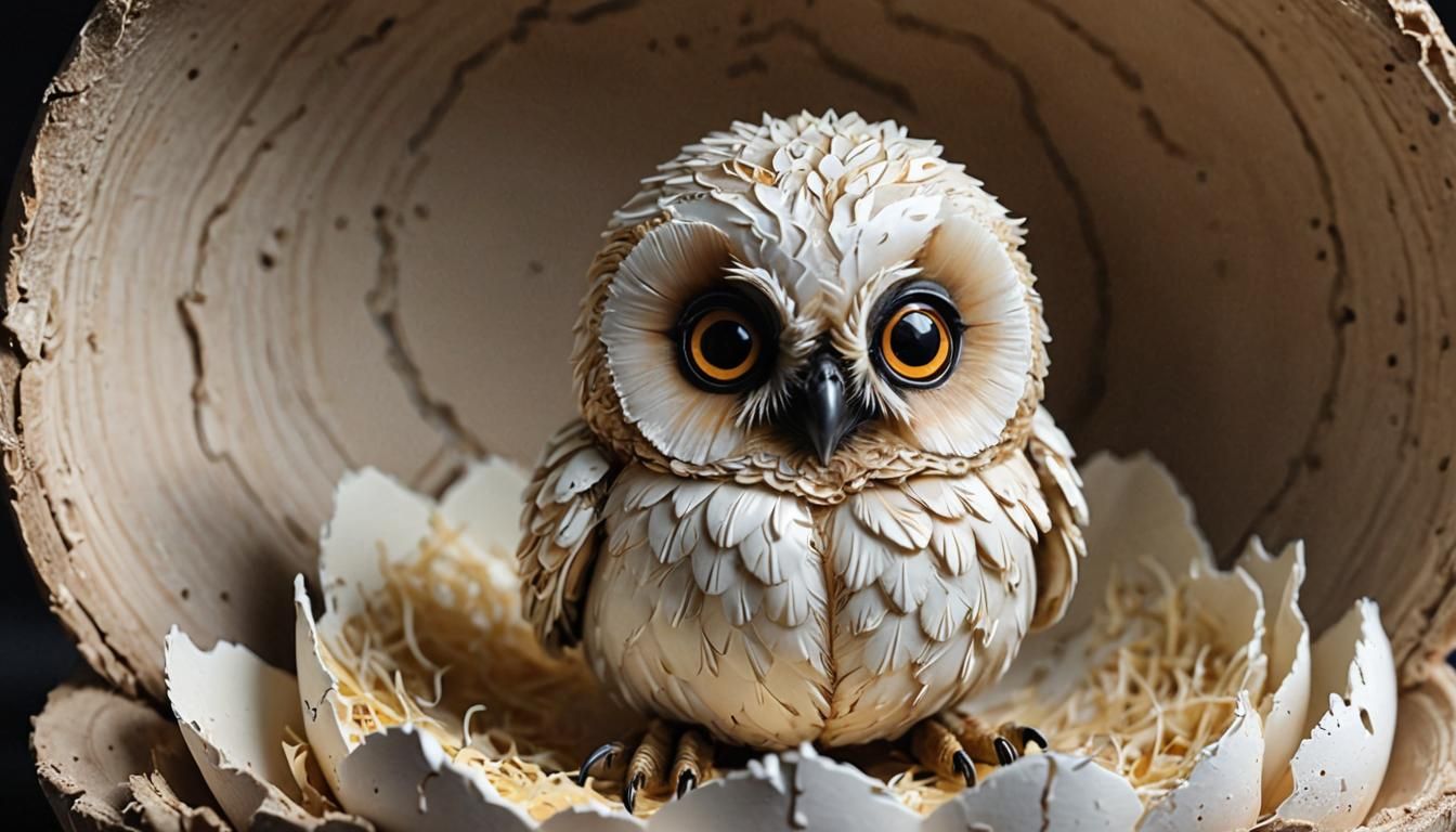 Adorable Baby Owl Hatching, Retrofuturistic Chibi Style